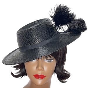 Vintage 60s Black Straw Hat with Feather Plume
